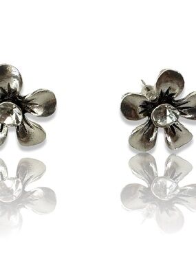 (3 for $20) Vintage Silver Floral Stud Earrings with Clear Crystal